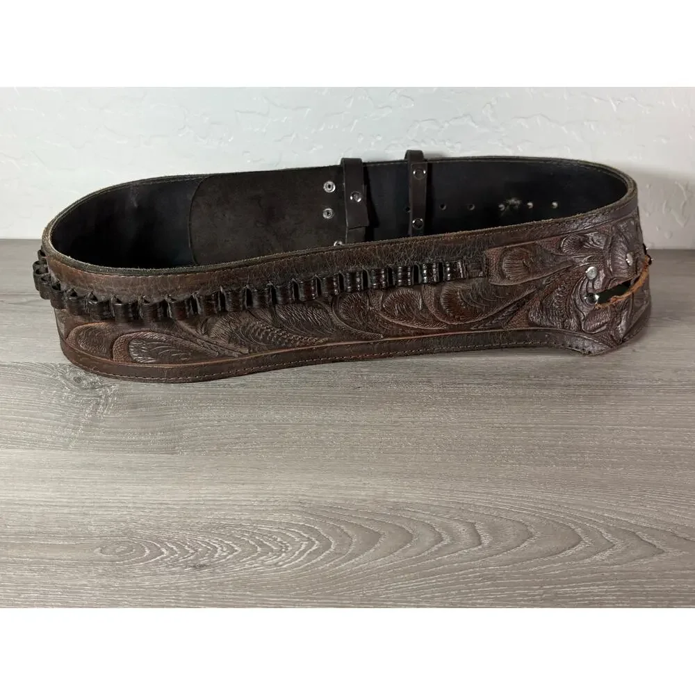 Vintage Mexican Tooled Leather Belt Western‎ Cowboy Cartridge Holster Belt 36”